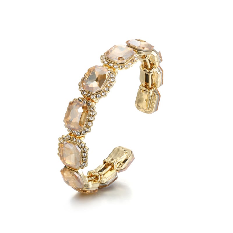 BriLove Large Statement Bangle Bracelet for Women Multi Emerald Cut Crystal Open Cuff Stretch Jewelry Champagne - Image 1